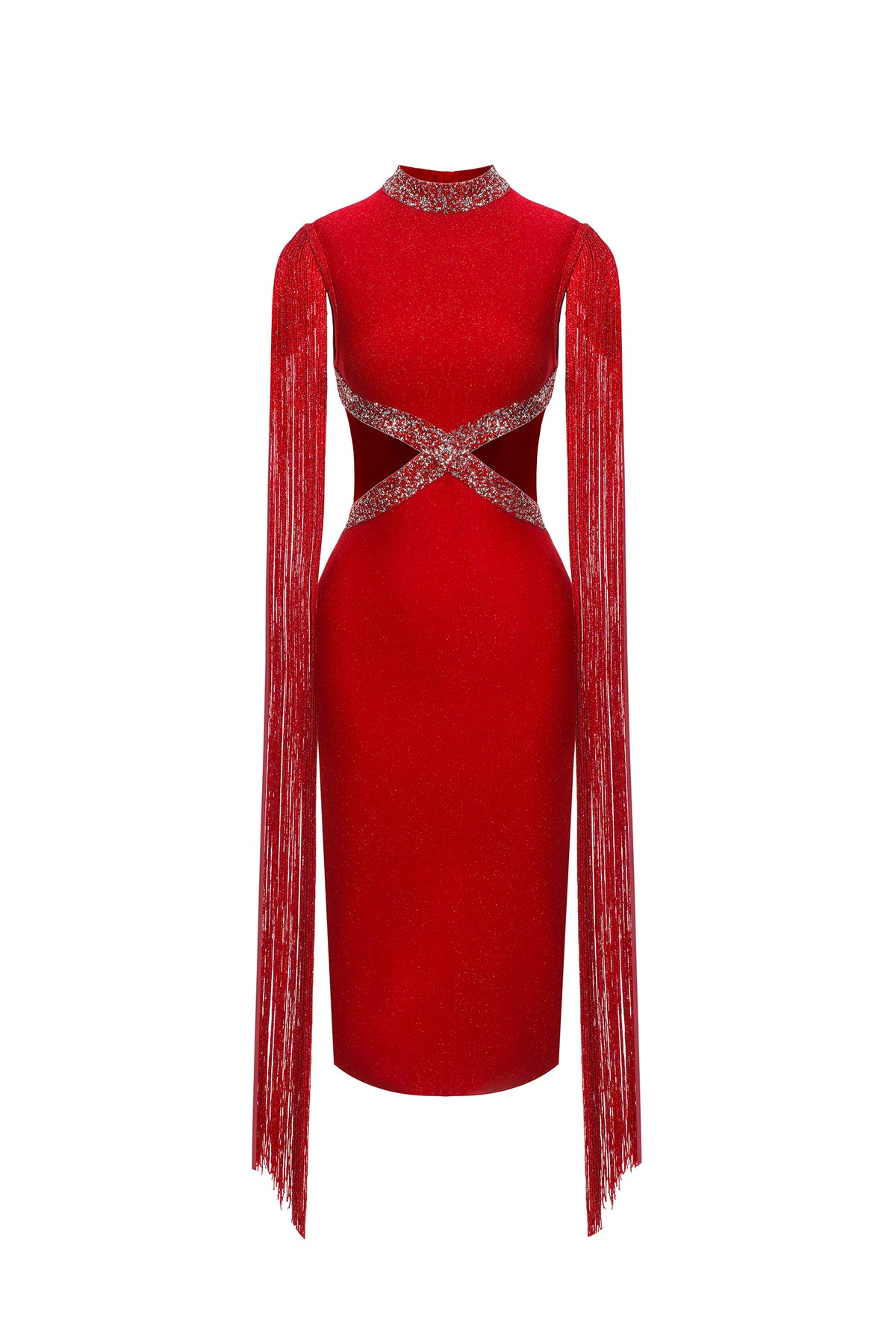 Plume Round Neck Hollow Diamond Bandage Midi Dress