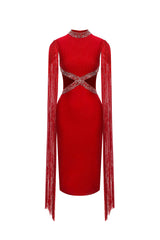 Plume Round Neck Hollow Diamond Bandage Midi Dress