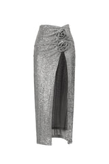 Kaci Flowers Sequin High Slit Maxi Skirt