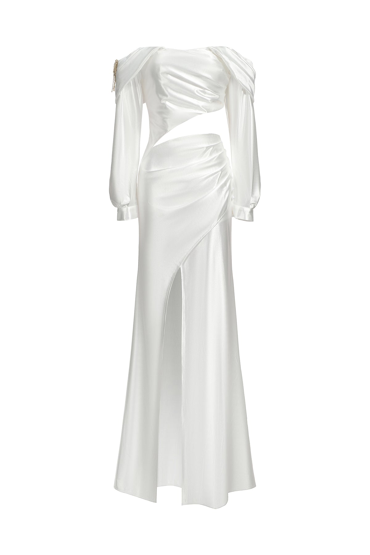 Dotty One Shoulder Long Sleeves Hollow High Slit Satin Maxi Dress