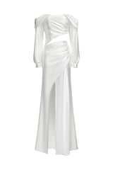 Dotty One Shoulder Long Sleeves Hollow High Slit Satin Maxi Dress