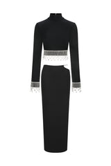 Labiny Long Sleeve Choker Tassel Bandage Maxi Two-Piece Set