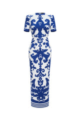 Lerae Round Neck Short Sleeve Jacquard Bandage Maxi Dress