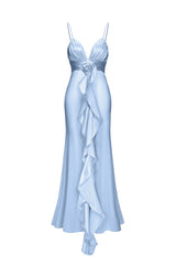 Yvonne Sleeveless V-Neck Flowers Flounce Blue Maxi Dress