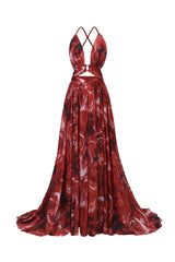 Zem Halter Sleeveless Pearl V-Neck Hollowed Out Print Slit Maxi Dress
