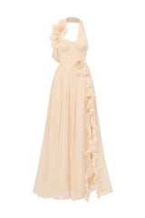 Davina Halter Sleeveless Flower Slit Maxi Dress