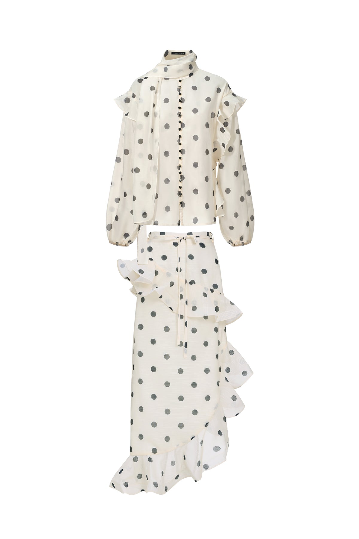 Vleah Streamer Long Sleeves Dot Printed Asymmetric Folds Midi Dress