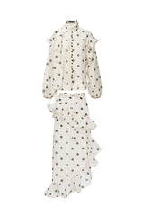 Vleah Streamer Long Sleeves Dot Printed Asymmetric Folds Midi Dress