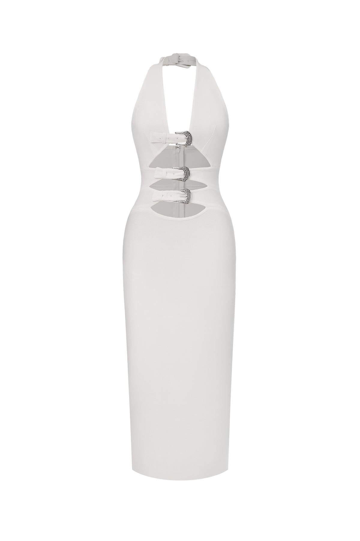 Viane Halter Cut Out Metal Buckle Bandage Midi Dress