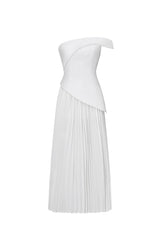 Vickee Elegant Tailored Off Shoulder Asymmetric Pleated Maxi Dress