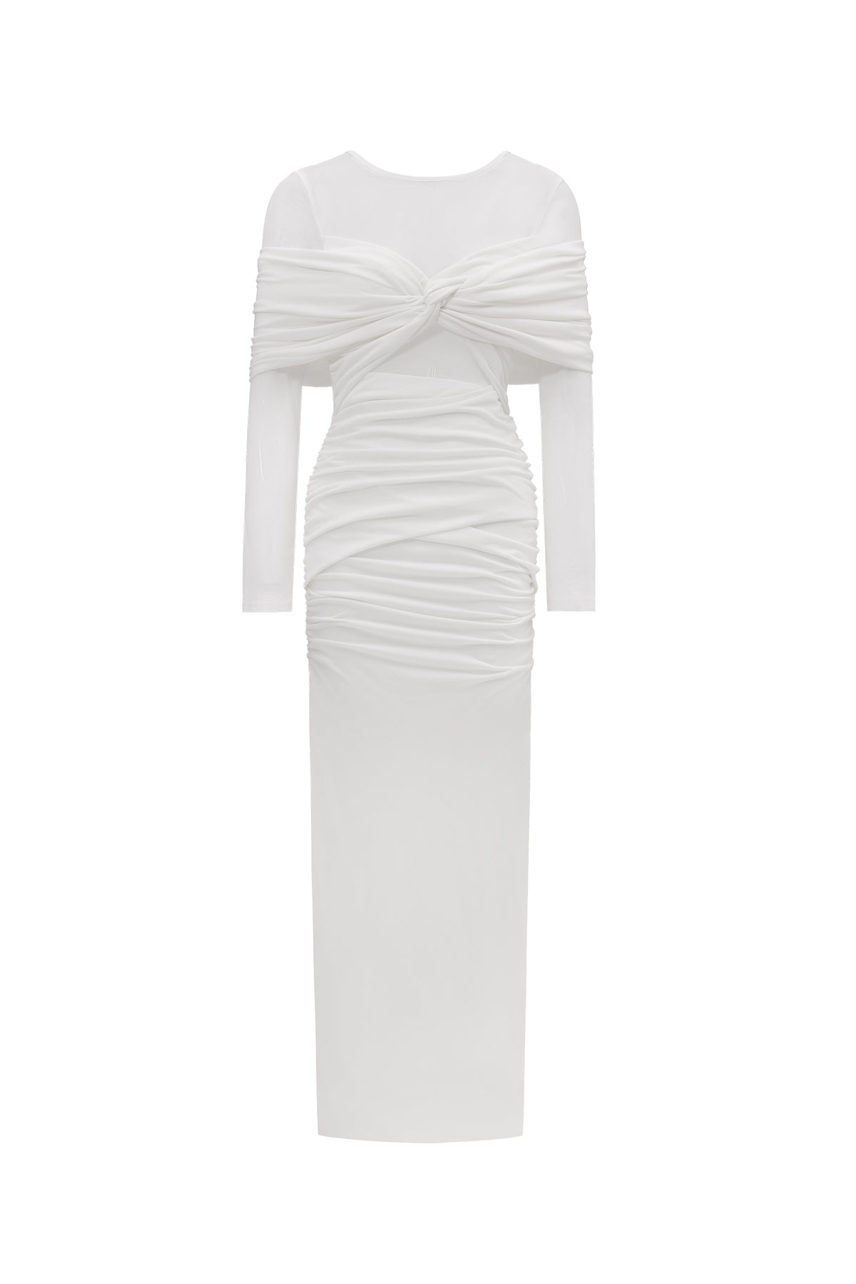 Ingrid Elegant Contour Ruched Mesh Layered Knit Maxi Dress