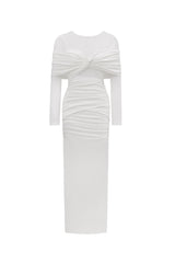 Ingrid Elegant Contour Ruched Mesh Layered Knit Maxi Dress