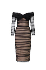 Gracie Sexy Contour Off Shoulder Ruched Mesh Bandage Midi Dress