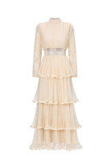 Yannei Romantic Flowy Long Sleeve Lace Tiered Tulle Maxi Dress