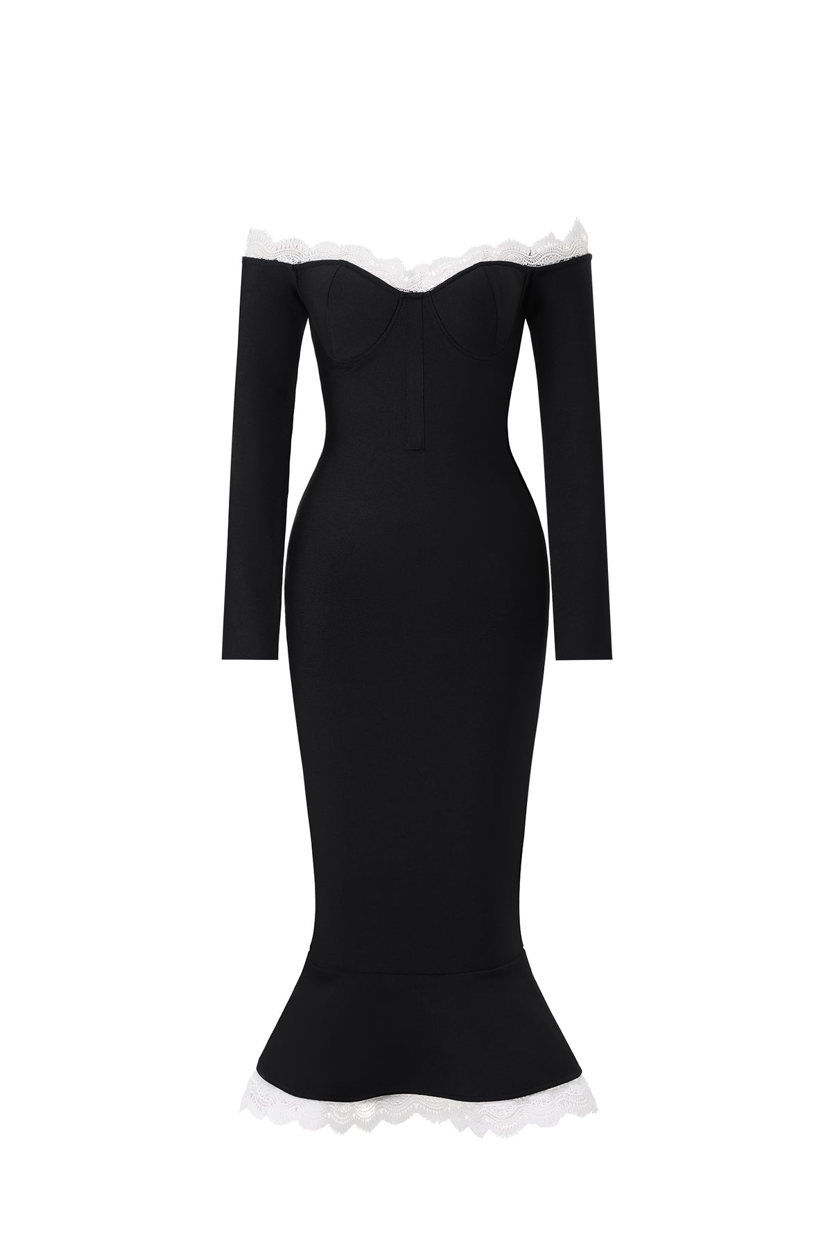 Lousia Romantic Contour Off Shoulder Button Front Lace Trim Bandage Midi Dress