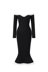 Lousia Romantic Contour Off Shoulder Button Front Lace Trim Bandage Midi Dress