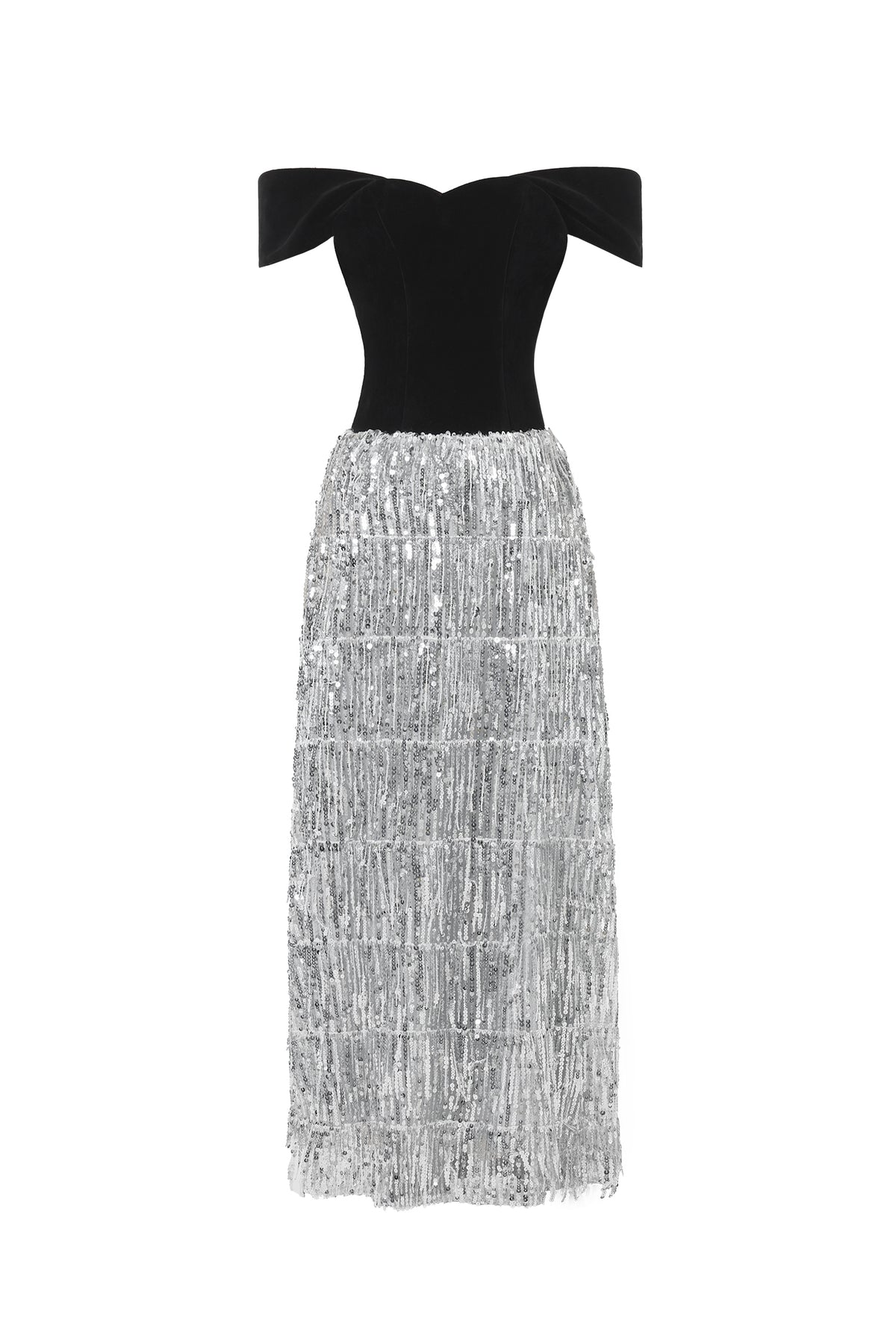 Merrit Glamorous Contour Off Shoulder Fringe Velvet Maxi Dress