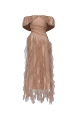 Revie Elegant Flowy Off Shoulder Ruffle Tulle Maxi Dress