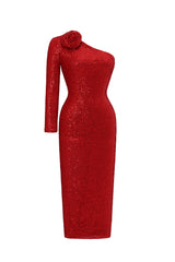 Helene Romantic Contour One Shoulder Long Sleeve Floral Sequin Maxi Dress