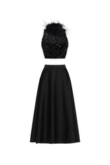 Chic Contonur Sleeveless Feather Sequin Velvet Top and Satin Skirt Set
