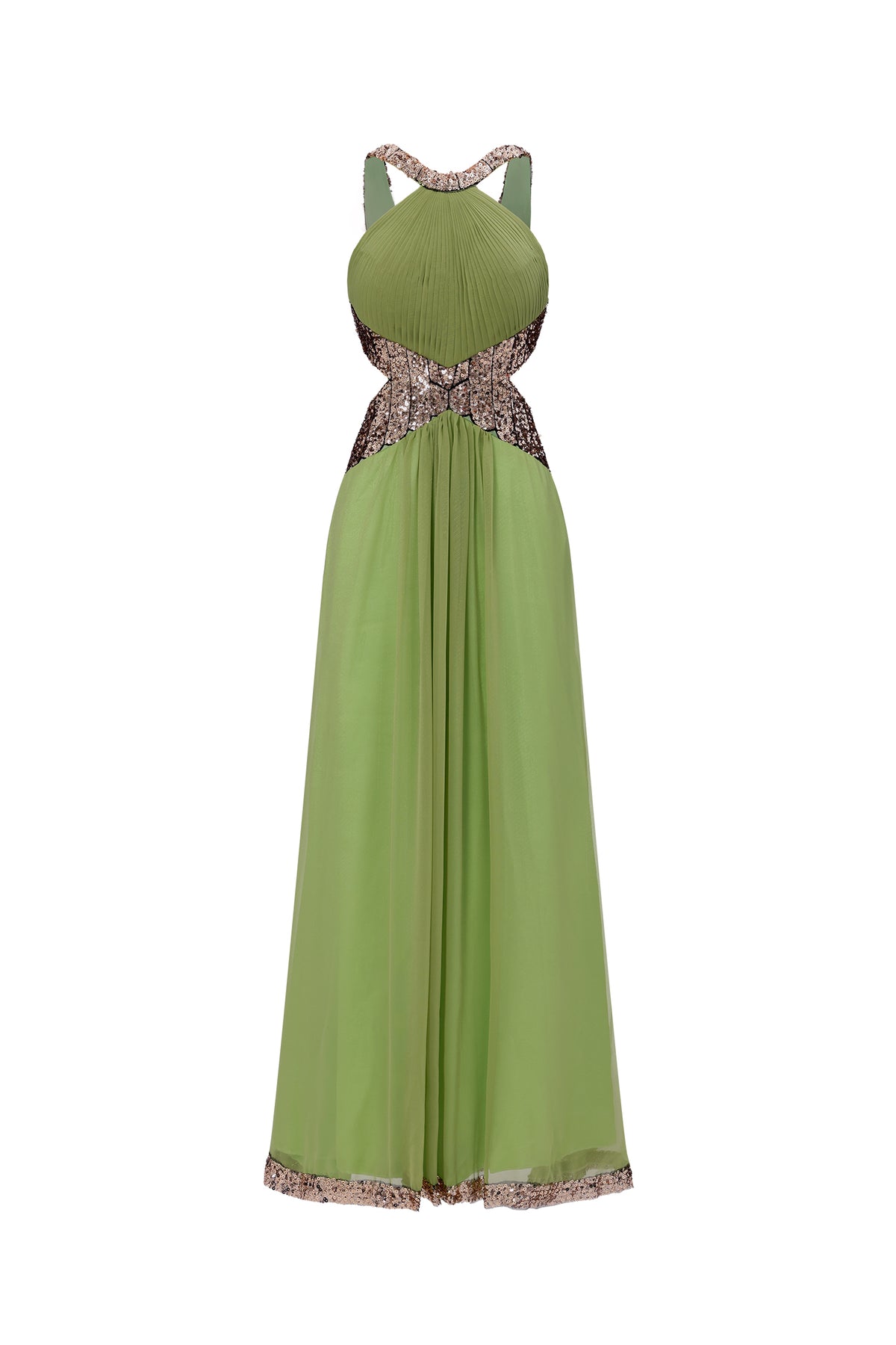 Melisa Chic Flowy Halter Pleated Cut Out Sequin Maxi Dress