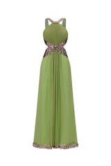 Melisa Chic Flowy Halter Pleated Cut Out Sequin Maxi Dress