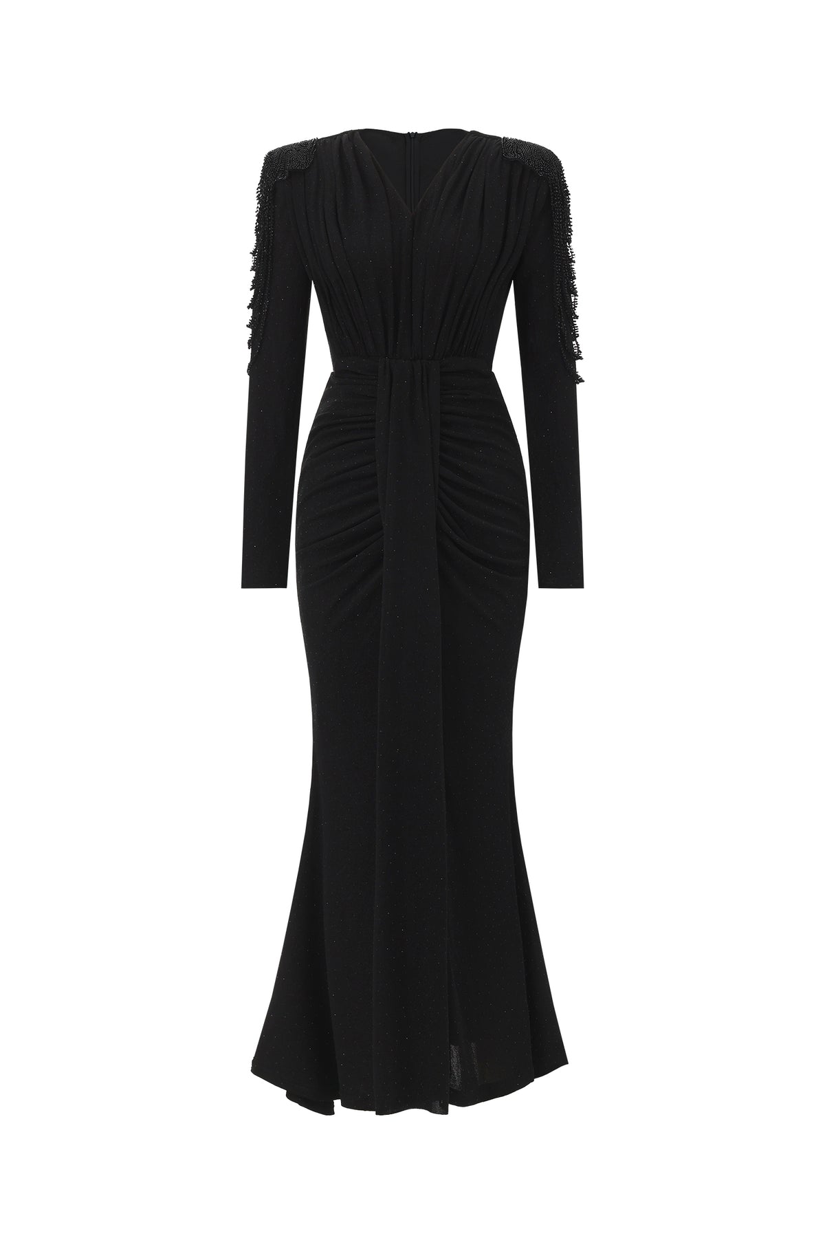 Suri Elegant Contour V Neck Long Sleeve Beaded Fringe Ruched Knit Maxi Dress