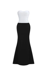 Diona Elegant Contour Strapless Pleated Contrast Satin Maxi Dress