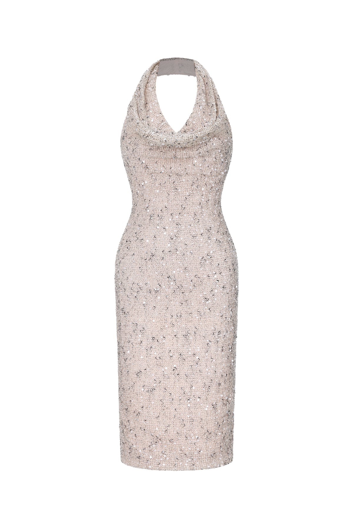 Pablo Chic Contour Halter Cowl Neck Sequin Midi Dress