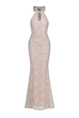 Saslim Chic Contour Halter Cut Out Sequin Maxi Dress