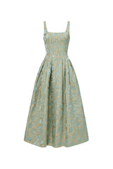 Kerta Elegant Tailored Square Neck Jacquard Pleated Floral Maxi Dress