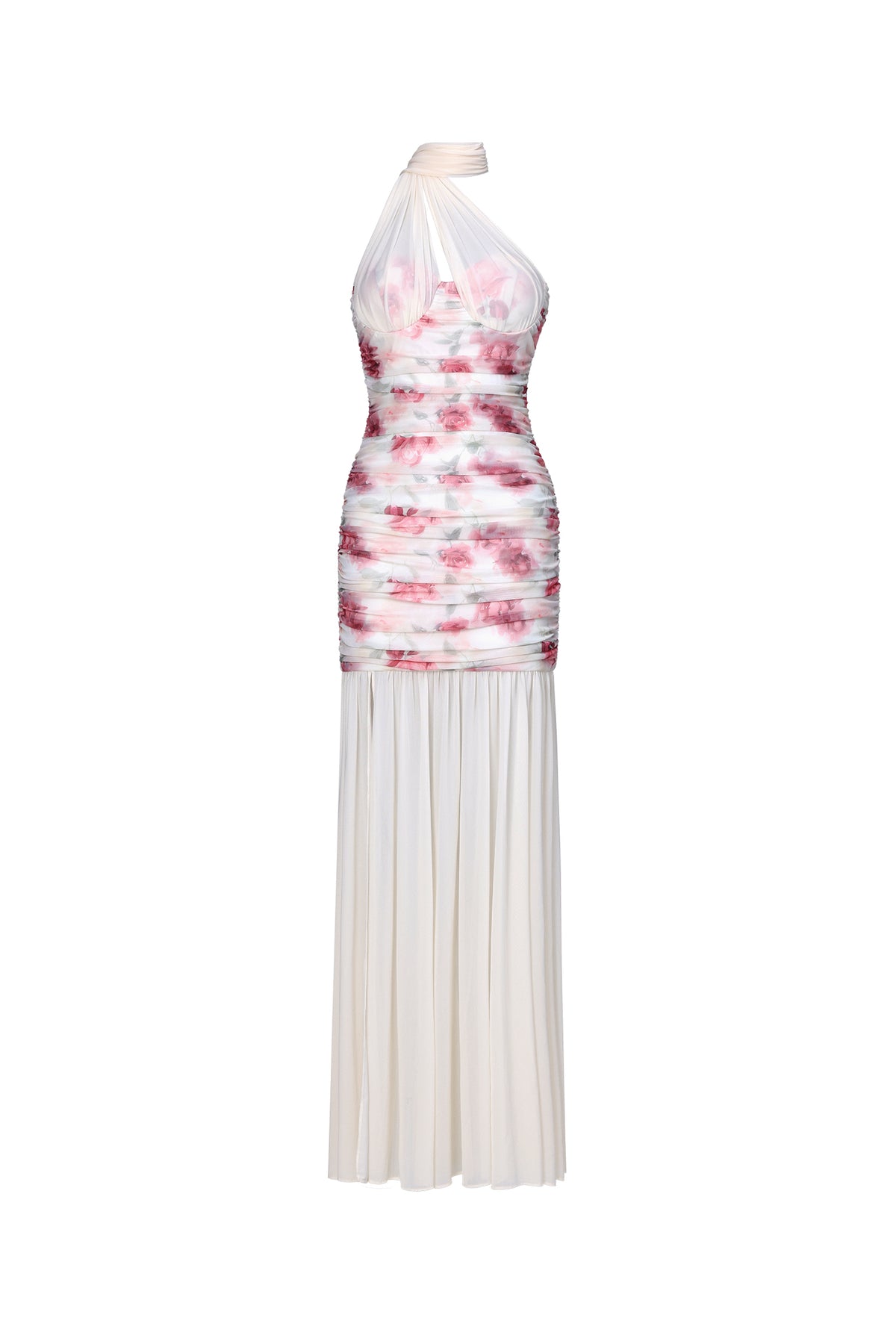 Margarete Romantic Contour Halter Ruched Floral Print Mesh Maxi Dress