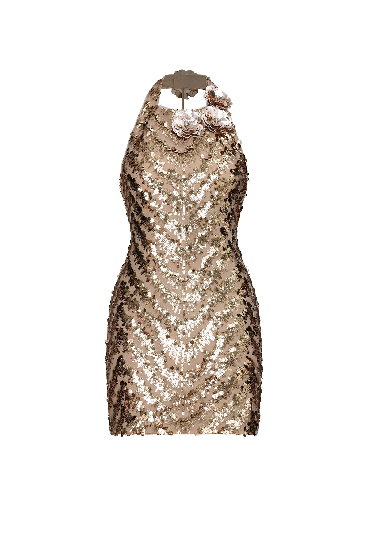 Ferla Glamorous Contour Halter Floral Sequin Mini Dress