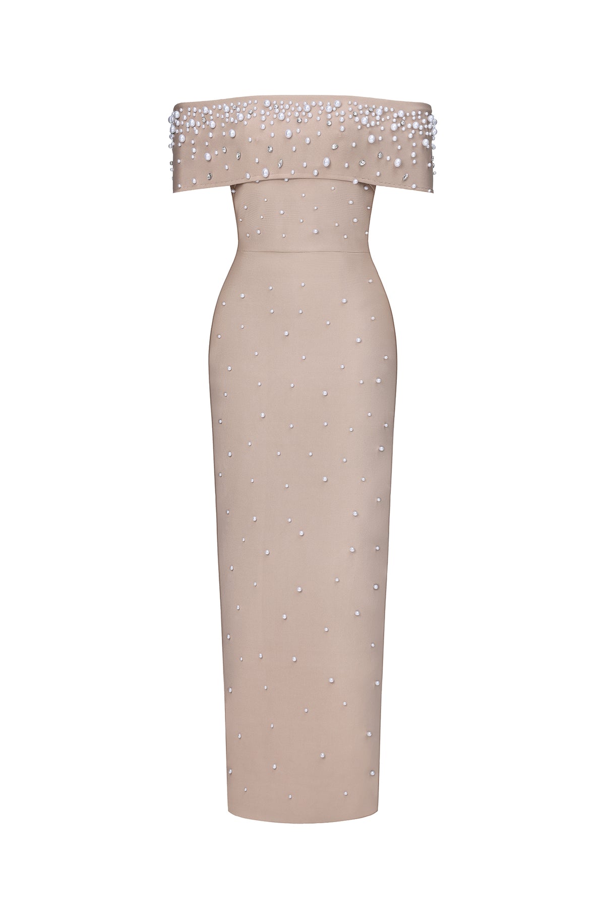 Isme Elegant Contour Off Shoulder Pearl Rhinestone Bandage Maxi Dress