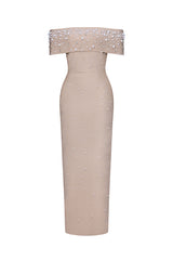 Isme Elegant Contour Off Shoulder Pearl Rhinestone Bandage Maxi Dress