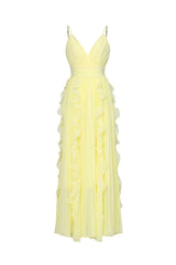 Viky Elegant Flowy Sleeveless Pleated Ruffle Maxi Dress
