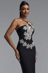 Veronic Glamorous Contour Halter Cut Out Rhinestone Floral Black Bandage Maxi Dress