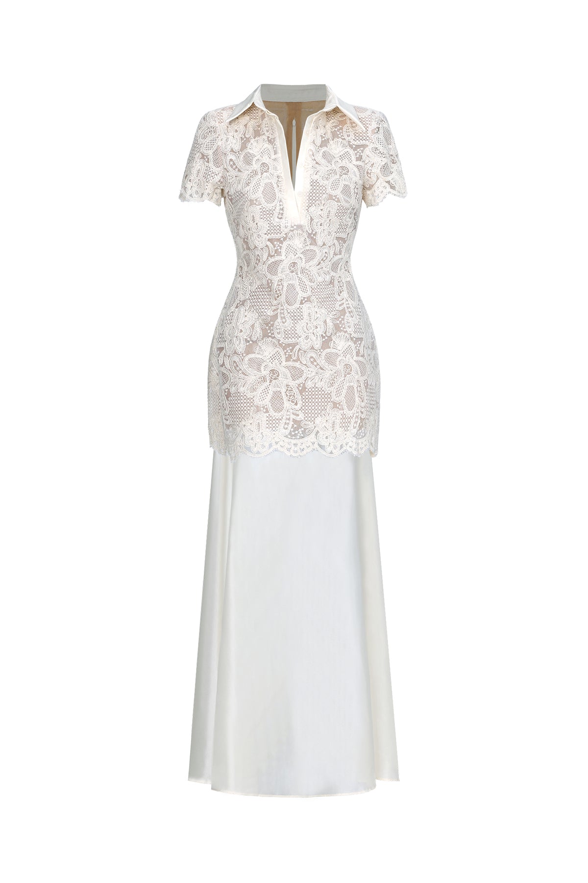 Locia Elegant Contour Buttoned Short Sleeve Lace Top and Satin Skirt