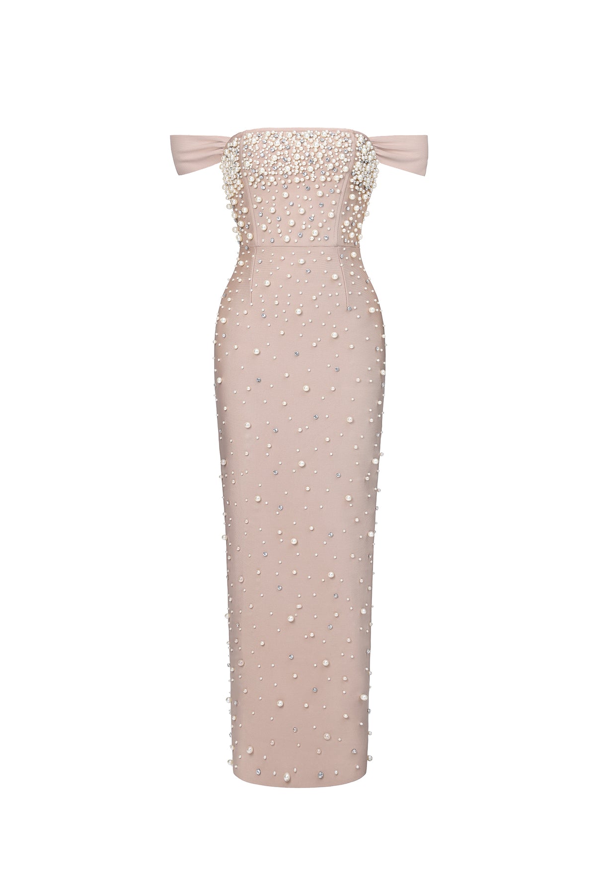 Jaylee Glamorous Off Shoulder Pearl Rhinestone Bandage Maxi Dress