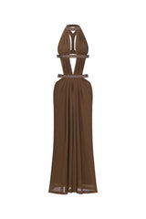 Elaia Sexy Flowy Halter Ruched Cut Out Brown Maxi Dress