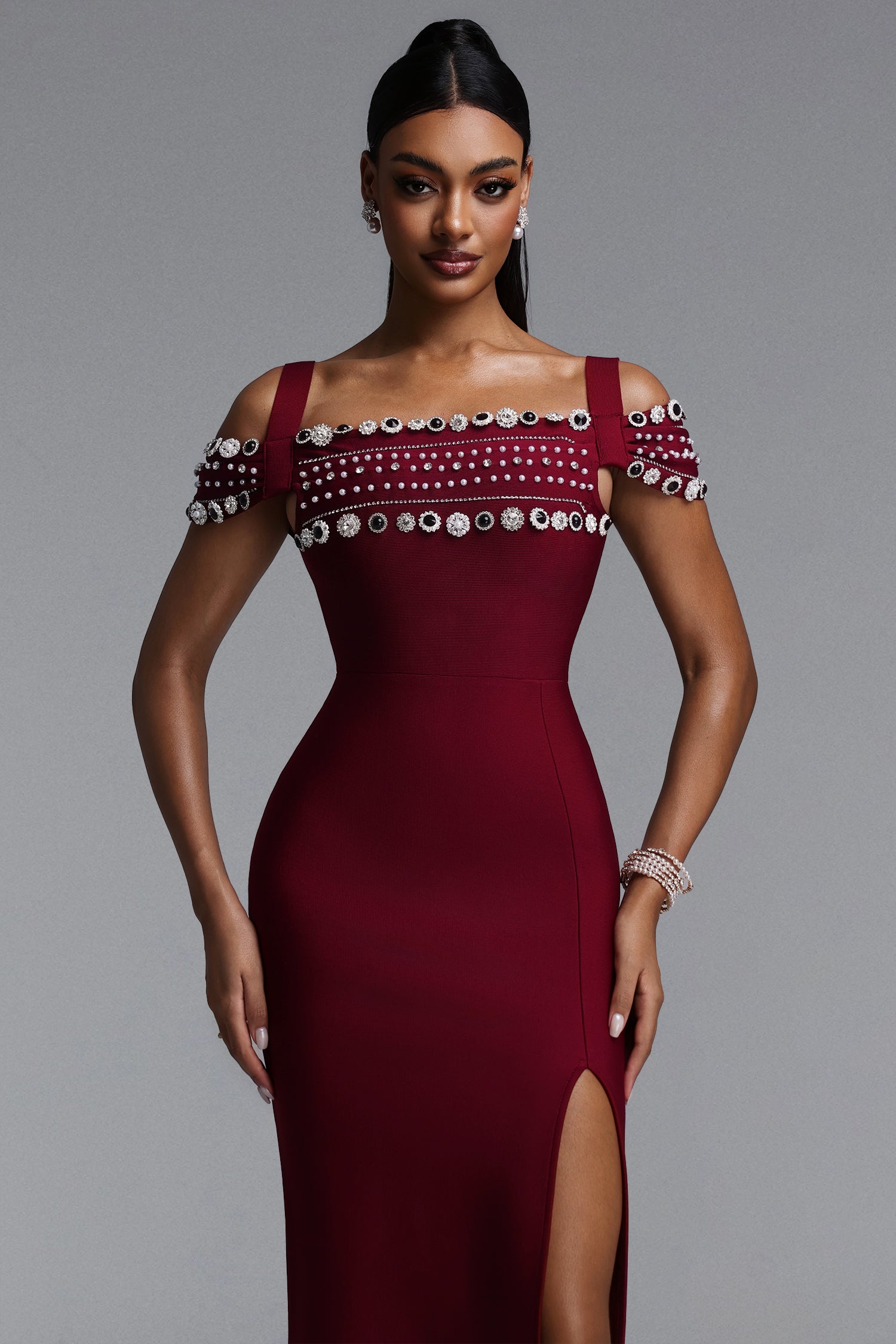 Finch Elegant Contour Off Shoulder Rhinestone Trim High Slit Bandage Maxi Dress