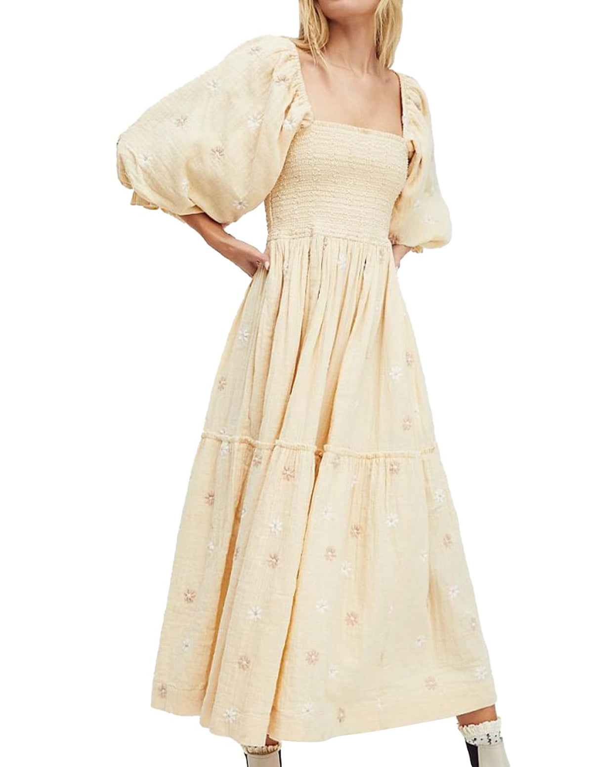 Floral Puff Sleeves Square Collar Midi Dress - White