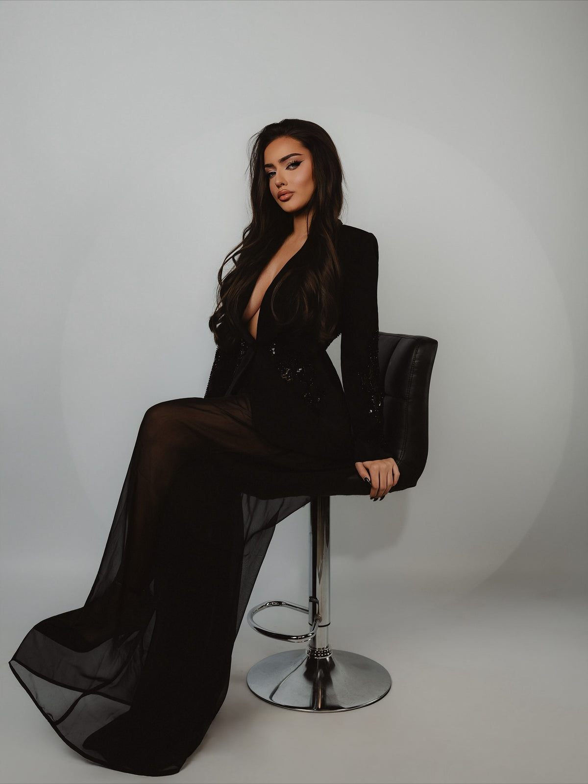 Demri Long Sleeves V-Neck Hollow Out Sequins Maxi Two Piece Set