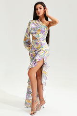 Floral Slanted Shoulder Long Sleeve Ruffle Irregular Maxi Dress - Purple