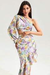 Floral Slanted Shoulder Long Sleeve Ruffle Irregular Maxi Dress - Purple