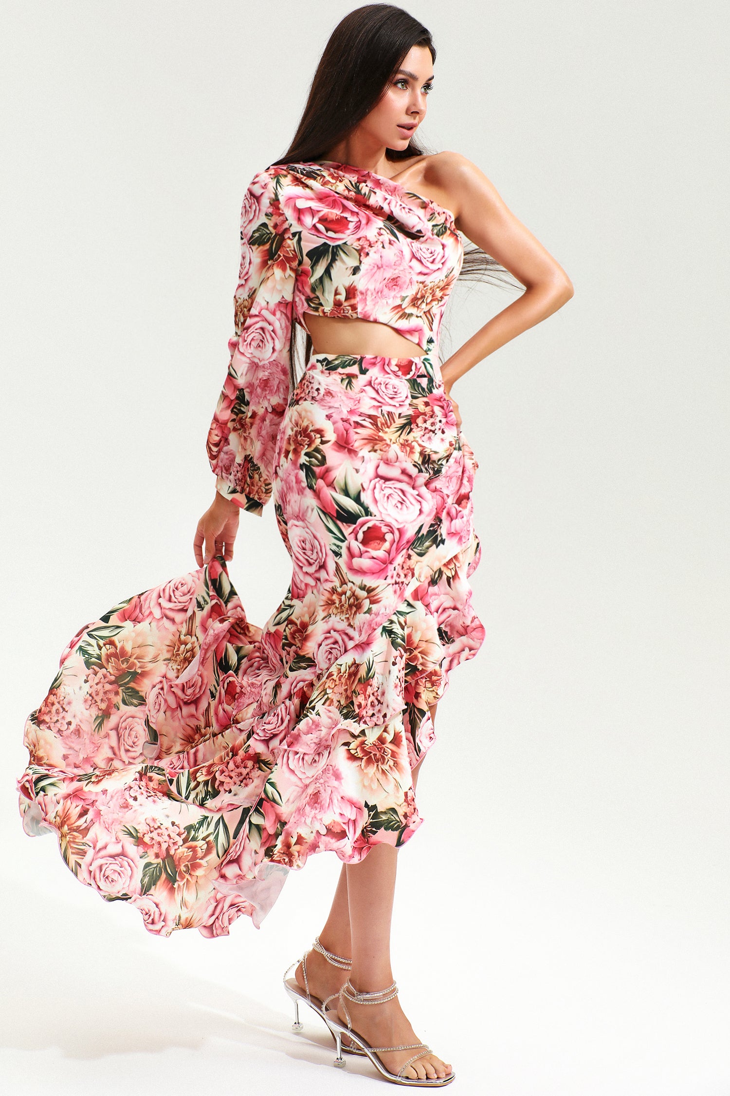 Floral Slanted Shoulder Long Sleeve Ruffle Irregular Maxi Dress - Pink