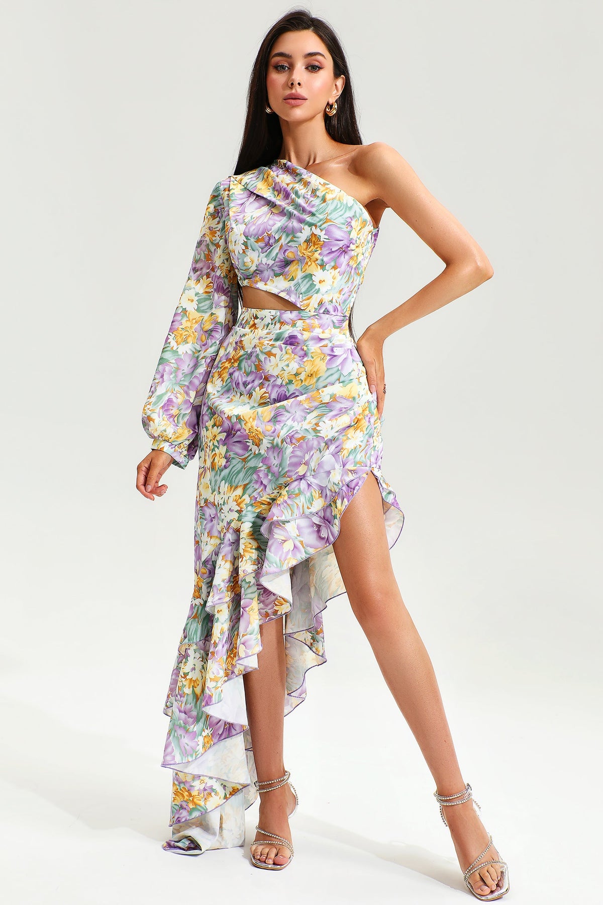 Floral Slanted Shoulder Long Sleeve Ruffle Irregular Maxi Dress - Purple